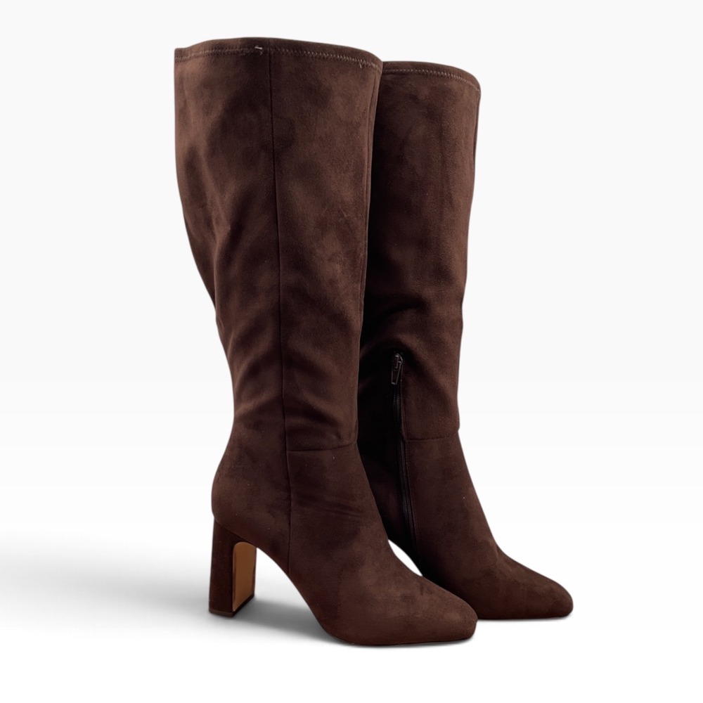Madden girl Womens Brown Faux Suede Knee High Block Heel Boots Almond Toe Zipper
